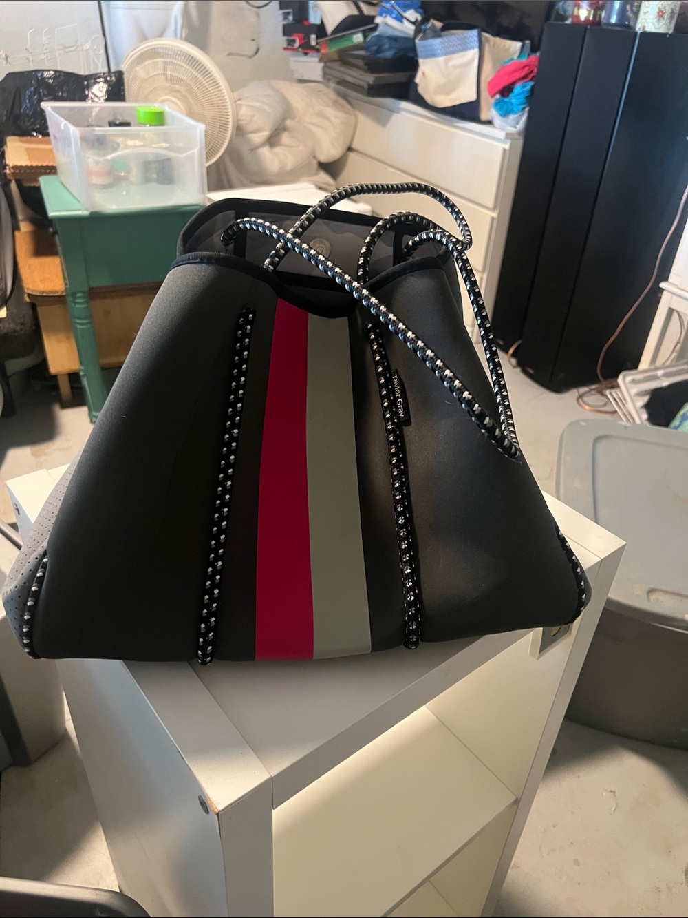 Black Tote with Pink and Gray Center Stripes and Braided Rope Handles